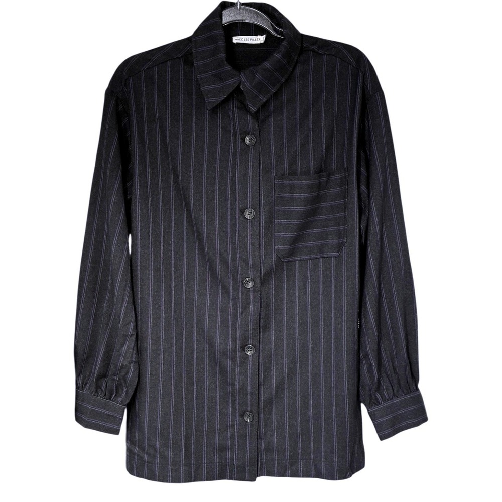 Avec Les Filles Charcoal Gray Purple Pinstripe Shirt Jacket Shacket Oversized S